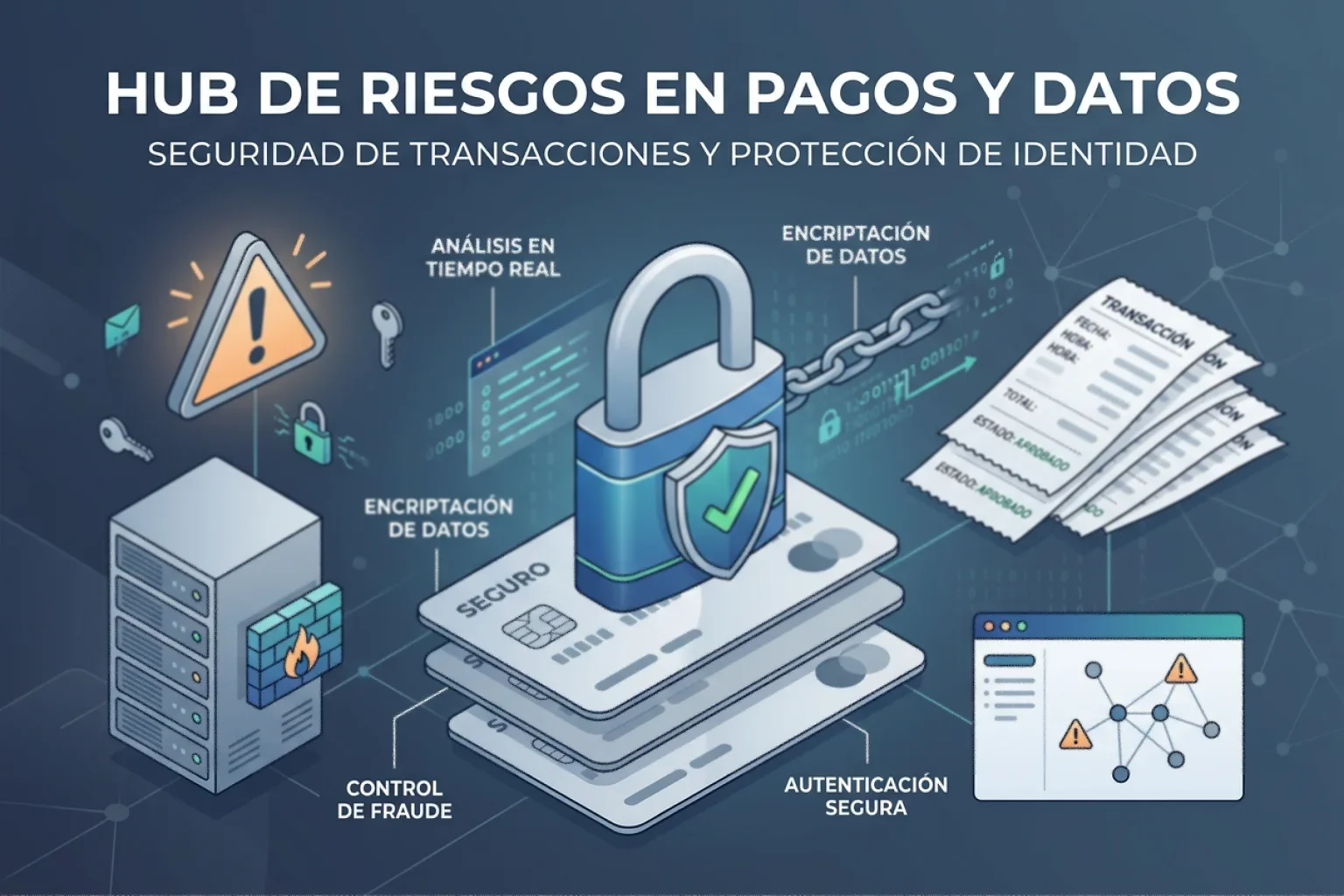 Tarjetas de pago, candado y señales de alerta sobre datos personales